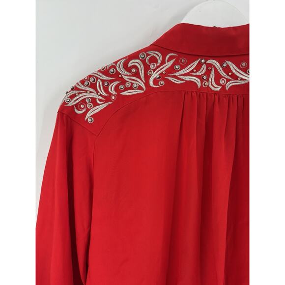Vintage Della Roufogali Button Up Womens 14 Red Silver Western Rhinestone Silk - Picture 11 of 16